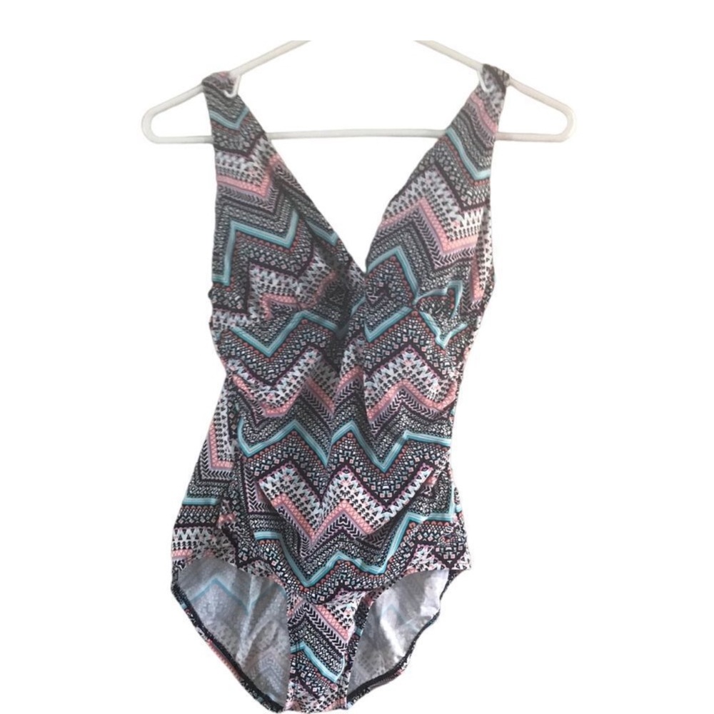 Chevron V-Neck One-Piece Swimsuit in Teal & Pink - Picture 2 of 5
